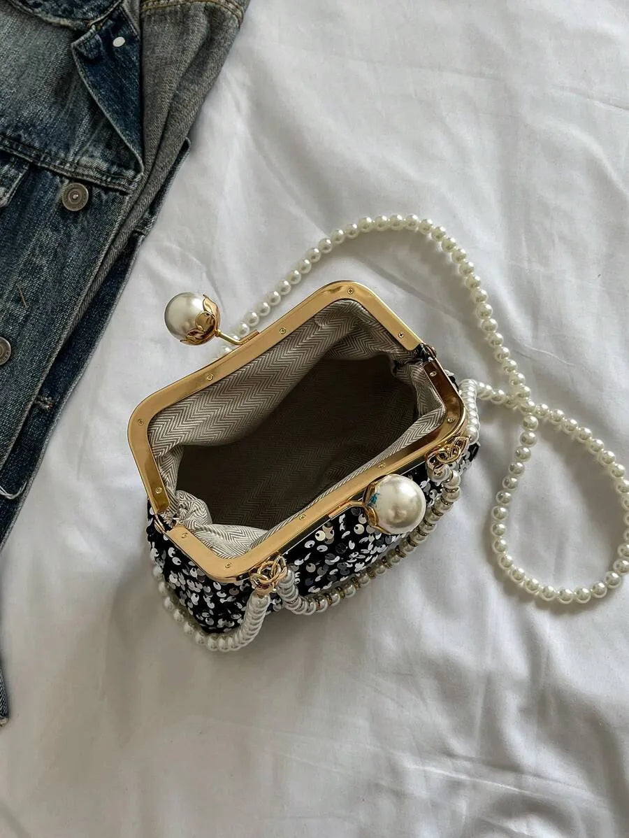 Women's Retro Green Fabric Faux Pearl Chain Clutch Bag Versatile Elegant Shoulder Handbag Party Daily Use Fashion Pearl Purse For Ladies