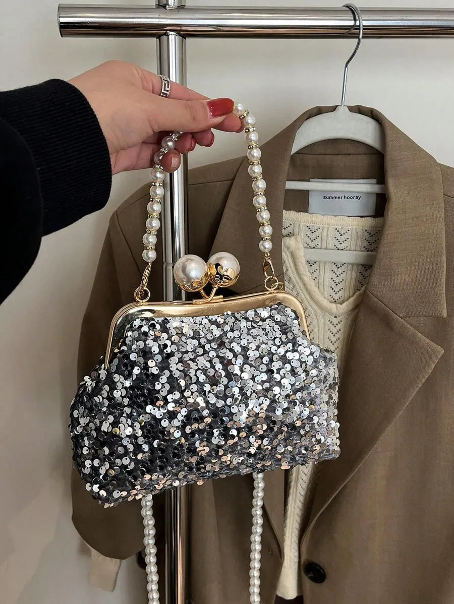 Women's Retro Green Fabric Faux Pearl Chain Clutch Bag Versatile Elegant Shoulder Handbag Party Daily Use Fashion Pearl Purse For Ladies