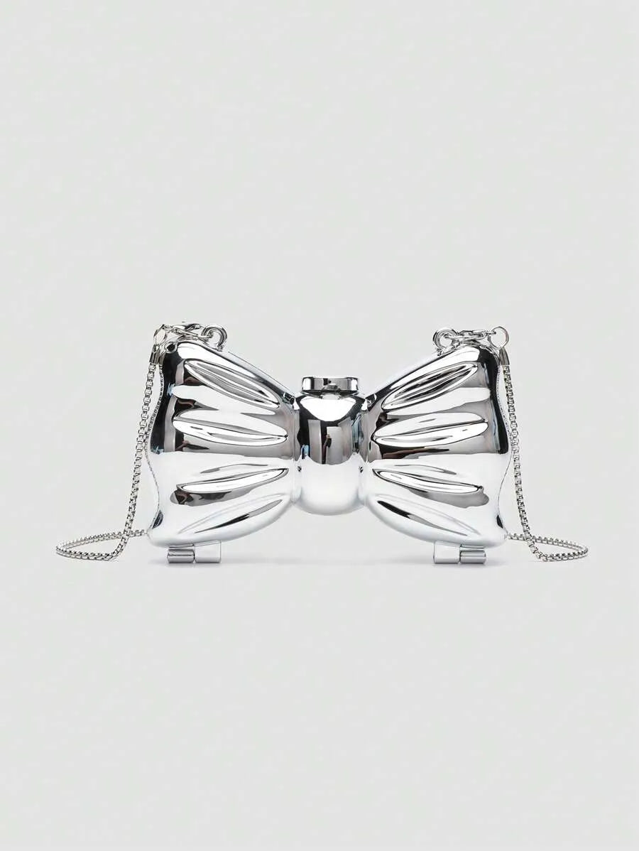 Women's Mini Metallic Acrylic Bowknot Clutch Bag With Chain Multifunction Cosmetic Jewelry Storage Purse Party Wedding Crossbody Coin Bag