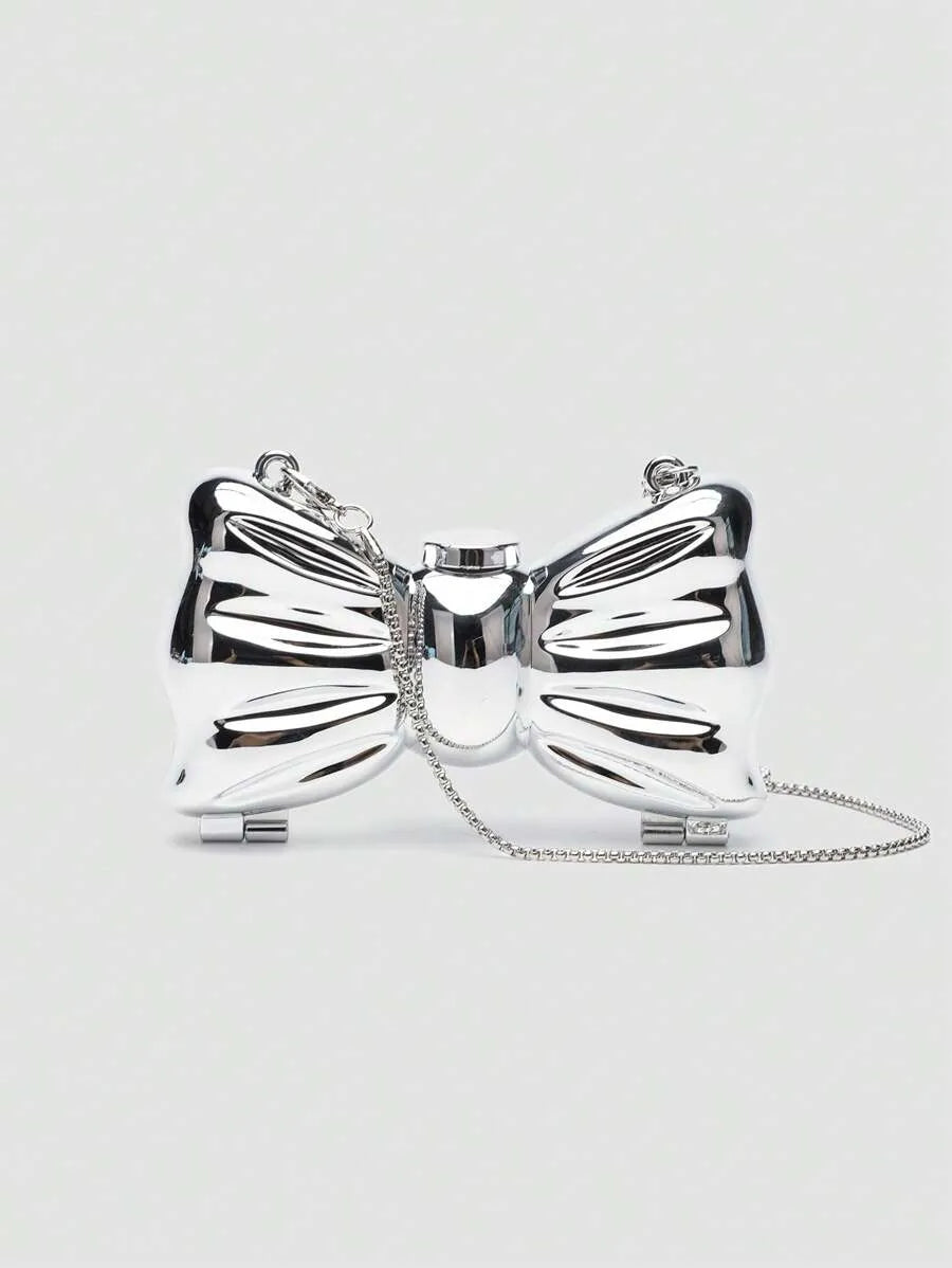 Women's Mini Metallic Acrylic Bowknot Clutch Bag With Chain Multifunction Cosmetic Jewelry Storage Purse Party Wedding Crossbody Coin Bag