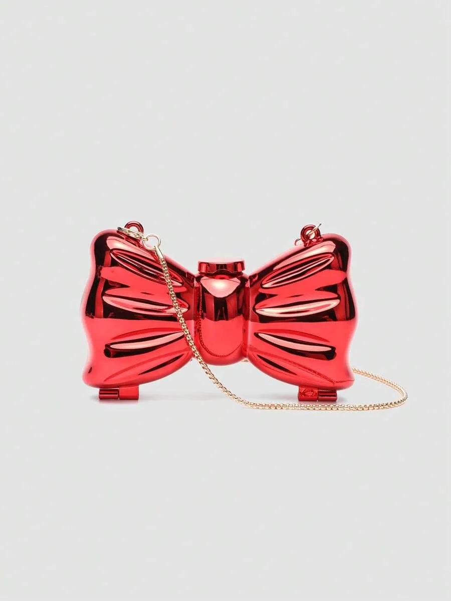 Women's Mini Metallic Acrylic Bowknot Clutch Bag With Chain Multifunction Cosmetic Jewelry Storage Purse Party Wedding Crossbody Coin Bag