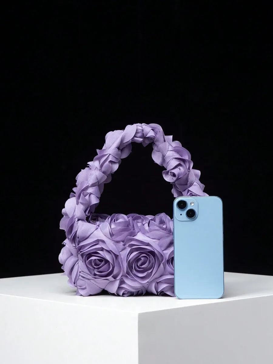 Women's Elegant 3D Rose Flower Tote Bag Evening Party Handbag Wedding Purse Bride Bridesmaid Banquet Birthday Gift Bag Romantic Dress Match