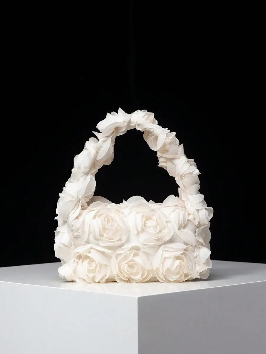 Women's Elegant 3D Rose Flower Tote Bag Evening Party Handbag Wedding Purse Bride Bridesmaid Banquet Birthday Gift Bag Romantic Dress Match