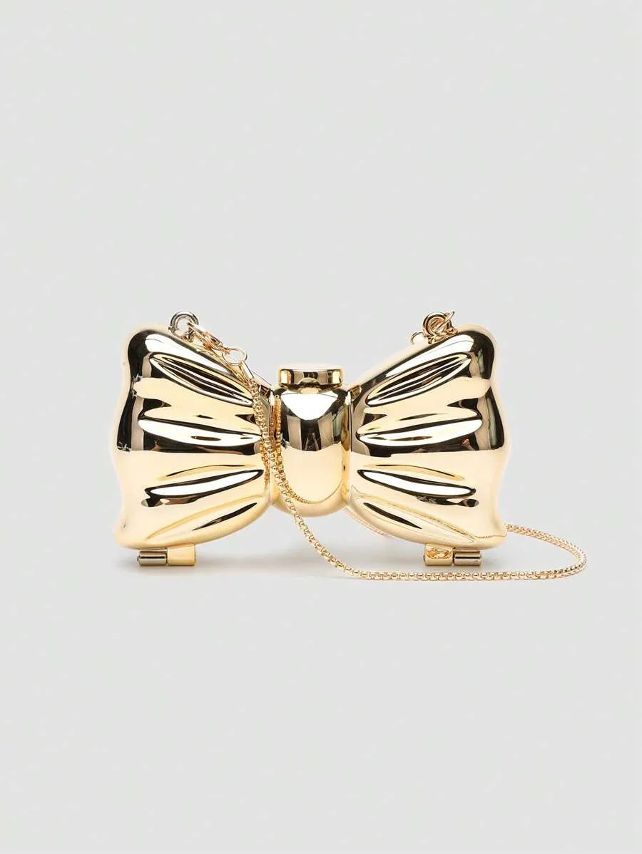 Women's Mini Metallic Acrylic Bowknot Clutch Bag With Chain Multifunction Cosmetic Jewelry Storage Purse Party Wedding Crossbody Coin Bag